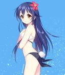  1girl bangs bikini blue_background blue_hair blush bunny_tail cowboy_shot flower from_side hair_between_eyes hair_flower hair_ornament hands_on_own_chest long_hair looking_at_viewer love_live! love_live!_school_idol_project shirahane_nao simple_background solo sonoda_umi swimsuit tail yellow_eyes 