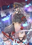  armband between_legs blurry blurry_background blush bodysuit breasts cameltoe closed_mouth commentary_request covered_navel cropped_jacket depth_of_field gloves grey_hat grey_jacket hand_on_hip hat hitodama holding holding_sword holding_weapon horned_headwear horns jacket long_hair long_sleeves looking_at_viewer looking_to_the_side medium_breasts military_hat mouth_hold original peaked_cap profile red_eyes silver_hair skeleton solo_focus standing standing_on_one_leg sword tajima_ryuushi underboob very_long_hair weapon white_gloves 