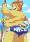  2016 beach belly butt clothing english_text eyewear feline fur furgonomics glasses hair holding_object lion looking_at_viewer looking_back love_handles male mammal mangolynx moobs open_mouth orange_hair outside overweight overweight_male pince-nez pinup pose rear_view seaside smile solo speedo swimsuit tail_clothing text yellow_fur 