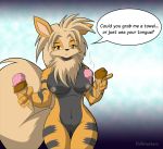  2018 anthro anthrofied arcanine black_fur breasts canine dessert dialogue english_text female food fur ice_cream mammal navel nintendo nipples pok&eacute;mon pok&eacute;mon_(species) pussy solo text video_games yiffmasters 