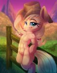  2018 abs applejack_(mlp) blonde_hair chewing_grass cowboy_hat cute cutie_mark detailed_background earth_pony equine eyebrows eyelashes female fence freckles friendship_is_magic grass green_eyes hair hair_tie half-closed_eyes hat hi_res hooves horse long_hair looking_at_viewer mammal mountain my_little_pony navel nude on_one_leg outside pony portrait pose semi-anthro sky smile solo standing sunset thediscorded wheat 