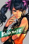  2018 bare_shoulders black_background evolution_championship_series from_side grey_background grey_eyes hair_ornament hand_up hankuri ling_xiaoyu long_hair looking_at_viewer looking_to_the_side smile solo tekken tekken_7 twintails upper_body wristband 