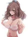  bangs blush bow bra breasts brown_eyes brown_hair cleavage collarbone commentary_request eyebrows_visible_through_hair idolmaster idolmaster_shiny_colors lace large_breasts lingerie long_hair navel solo tsukioka_kogane underwear upanishi white_bra 