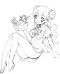  blush breasts bun_cover china_dress chinese_clothes commentary_request curly_hair double_bun dragon_quest dragon_quest_ii dress graphite_(medium) kichijou_agata legs long_hair looking_at_viewer monochrome prince_of_lorasia prince_of_samantoria princess princess_of_moonbrook slime_(dragon_quest) solo traditional_media 