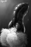  2018 balls big_balls big_penis black_and_white digital_media_(artwork) digs dildo erection fluffy front_view fur greyscale kazna knot male mammal monochrome penis precum sex_toy signature simple_background solo vein white_fur 