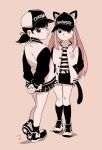  animal_ears baseball_cap black_legwear black_skirt cat_ears cat_tail character_name clothes_writing fake_animal_ears hair_ribbon hashimoto_nyaa hat hat_with_ears jacket matahei matching_outfit md5_mismatch multicolored_hair multiple_girls osomatsu-san paw_print pink_hair ribbon shirt shoes skirt sneakers streaked_hair striped striped_shirt tail thighhighs twintails white_jacket yowai_totoko 