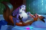  2018 3_toes anthro bed belly big_belly breasts cellphone disney duo female fur green_eyes grey_fur holding_belly judy_hopps lying male male/female mammal navel nick_wilde nipples nude on_back on_bed open_mouth patch_(artist) penetration penis phone pregnant pregnant_sex purple_eyes pussy sex smile teeth toes tongue zootopia 