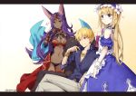  1girl 1other :3 animal_ears apron armchair ass_visible_through_thighs bangs beige_background blonde_hair blue_shirt blush breasts chair chevalier_d'eon_(fate/grand_order) cleavage closed_mouth collarbone commentary_request crossed_legs dark_skin detached_sleeves dress dress_shirt earrings eyebrows_visible_through_hair fate/grand_order fate_(series) flower flying_sweatdrops frilled_apron frills gilgamesh gradient gradient_background green_eyes grey_pants groin hair_between_eyes hair_flower hair_ornament hairband hand_up jewelry letterboxed long_hair looking_at_viewer medium_breasts navel nyanya pants parted_bangs puffy_short_sleeves puffy_sleeves purple_dress purple_hair purple_hairband queen_of_sheba_(fate/grand_order) red_eyes shirt short_sleeves sitting sleeveless sleeveless_dress standing twitter_username very_long_hair waist_apron white_apron white_background white_flower wrist_cuffs 