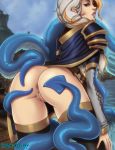  anus ass blue_eyes blurry blurry_background bottomless cape closed_mouth highres hizzacked jaina_proudmoore leaning_forward lips long_hair looking_at_viewer looking_back multicolored_hair pussy pussy_juice silver_hair single_pauldron solo tentacles thighhighs two-tone_hair uncensored warcraft water watermark web_address world_of_warcraft 