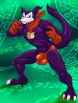  2018 3_toes 5_fingers abs anthro biceps black_nose bulge claws clothing digimon gloves green_background grin handkerchief hungothenomster impmon looking_aside male mask_(marking) muscular muscular_male penis_outline penis_shaped_bulge pose purple_skin red_eyes sharp_teeth simple_background smile solo standing teeth tight_clothing tight_underwear toes underwear white_skin 