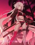  ahoge bangs bikini black_bikini black_choker black_gloves black_jacket breasts choker cleavage collarbone commentary_request cropped_jacket fate/grand_order fate_(series) gloves hair_between_eyes jacket jeanne_d'arc_(alter_swimsuit_berserker) jeanne_d'arc_(fate)_(all) jpeg_artifacts katana large_breasts long_hair o-ring o-ring_bikini o-ring_bottom o-ring_top ocean official_art open_mouth palm_tree red_background red_legwear sheath shrug_(clothing) single_thighhigh smile solo swimsuit sword takeuchi_takashi thighhighs tree weapon white_hair yellow_eyes 