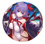  bare_shoulders bb_(fate)_(all) bb_(swimsuit_mooncancer)_(fate) breasts commentary_request fate/grand_order fate_(series) gloves large_breasts leotard long_hair looking_at_viewer popped_collar purple_eyes purple_hair shirabi smile solo vampire_costume very_long_hair white_gloves white_leotard 