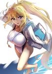  :p absurdres bag barefoot blonde_hair blue_eyes character_request commentary_request fate/grand_order fate_(series) from_above full_body highres jacket jeanne_d'arc_(fate)_(all) jeanne_d'arc_(swimsuit_archer) kujuu_shikuro long_hair looking_at_viewer looking_up no_eyewear one-piece_swimsuit solo swimsuit tongue tongue_out very_long_hair walking water whistle whistle_around_neck 