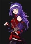  ahoge bare_shoulders black_background black_legwear breasts cowboy_shot dated elbow_gloves fingerless_gloves fire_emblem fire_emblem:_akatsuki_no_megami fire_emblem:_souen_no_kiseki gloves green_eyes headband kmkr long_hair looking_at_viewer medium_breasts open_mouth purple_hair scabbard sheath sheathed shirt signature simple_background sleeveless smile solo sword thighhighs wayu_(fire_emblem) weapon zettai_ryouiki 