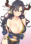  animal_ears arm_under_breasts augusta_(granblue_fantasy) black_gloves black_hair blush breast_hold breasts cleavage collarbone commentary_request cow_ears draph gloves gradient gradient_background granblue_fantasy highres horns large_breasts long_hair navel nukkoru panties pointy_ears side-tie_panties solo underwear yellow_eyes 