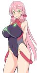  akashi_(kantai_collection) arms_behind_back bare_hips breasts cosplay covered_navel cowboy_shot crossover green_eyes hair_ribbon highleg highleg_leotard homura_(xenoblade_2) homura_(xenoblade_2)_(cosplay) kantai_collection kusano_(torisukerabasu) large_breasts leotard long_hair looking_at_viewer multicolored multicolored_clothes neon_trim pink_hair ribbon simple_background skin_tight solo tress_ribbon turtleneck white_background xenoblade_(series) xenoblade_2 