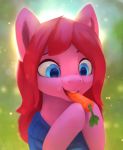  2018 abstract_background animated blinking blue_eyes bust_portrait carrot clothed clothing eating equine eyebrows eyelashes eyes_closed fan_character female feral food green_background hair holding_food holding_object long_hair mammal my_little_pony open_mouth open_smile pink_hair portrait rodrigues404 seraphic_crimson simple_background smile solo sweater teeth vegetable 