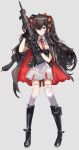  bangs black_cape black_footwear black_gloves blush boots bow brown_eyes brown_hair cape commentary_request dress eyebrows_visible_through_hair full_body girls_frontline gloves grey_background gun hair_between_eyes hair_bow highres holding holding_gun holding_weapon long_hair multicolored multicolored_cape multicolored_clothes necktie object_namesake ori_(momonimo) parted_lips pleated_dress qbz-97 qbz-97_(girls_frontline) red_bow red_cape red_neckwear simple_background solo thighhighs thighhighs_under_boots twintails very_long_hair weapon white_dress white_legwear 