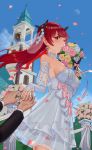  answer_(l_c123) azur_lane bangs bare_shoulders blue_sky blush bouquet bow breasts bridal_gauntlets church closed_mouth day dress earrings eyebrows_visible_through_hair flower grey_rose hair_ornament highres honolulu_(azur_lane) jewelry large_breasts moon out_of_frame outdoors pink_bow pink_flower pink_rose ring rose sky solo_focus standing veil wedding wedding_band wedding_dress white_dress yellow_flower yellow_rose 