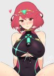  after_paizuri bare_shoulders blush breasts butter-t cum cum_on_body cum_on_breasts cum_on_upper_body eyebrows_visible_through_hair gem hair_ornament headpiece heart homura_(xenoblade_2) one-piece_swimsuit red_eyes red_hair short_hair simple_background solo spread_legs steam sweat swimsuit tiara xenoblade_(series) xenoblade_2 