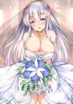  azur_lane bangs bare_shoulders belfast_(azur_lane) blue_eyes blush bouquet braid breasts bridal_veil bride chain cleavage collar collarbone dress flower highres large_breasts long_hair mutou_(94753939) open_mouth silver_hair smile solo strapless strapless_dress tiara veil wedding_dress white_dress 