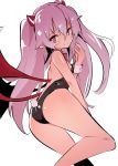  1girl :p ass bare_shoulders bat_wings black_leotard breasts bunny_tail caburi demon_girl demon_tail from_behind grim_aloe hand_to_own_mouth highres horns leg_up leotard long_hair looking_back pink_eyes pink_hair quiz_magic_academy quiz_magic_academy_the_world_evolve simple_background small_breasts smile solo standing standing_on_one_leg strapless strapless_leotard succubus tail tongue tongue_out twintails white_background wings wrist_cuffs 