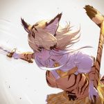  blonde_hair blue_eyes breasts elbow_gloves gloves highres holding holding_sword holding_weapon kemono_friends large_breasts looking_away necktie short_hair smilodon_(kemono_friends) sword takami_masahiro upper_body weapon white_hair 