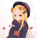  :o abigail_williams_(fate/grand_order) bangs black_bow black_dress black_hat blonde_hair blue_eyes blurry blurry_background blush bow bug butterfly depth_of_field dress eyebrows_visible_through_hair fate/grand_order fate_(series) forehead hair_bow hand_up hat insect kubong long_hair long_sleeves looking_at_viewer object_hug orange_bow parted_bangs parted_lips petals polka_dot polka_dot_bow sleeves_past_fingers sleeves_past_wrists solo stuffed_animal stuffed_toy teddy_bear very_long_hair 