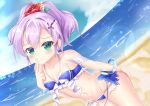  azur_lane bangs bare_shoulders beach bikini blue_bikini blue_flower blue_sky breasts cleavage closed_mouth cloud cloudy_sky collarbone covered_nipples day eyebrows_visible_through_hair fingernails flower green_eyes groin hair_between_eyes hair_flower hair_ornament halter_top halterneck hand_on_own_ass horizon index_finger_raised javelin_(azur_lane) leaning_forward light_smile md5_mismatch navel ocean outdoors ponytail purple_hair red_flower sand sky small_breasts solo ss851251 swimsuit thighs water 
