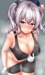  absurdres ass_visible_through_thighs bare_shoulders bike_shorts blue_eyes blush breasts commentary_request gloves grey_eyes heart heart-shaped_pupils highres kantai_collection kashima_(kantai_collection) large_breasts looking_at_viewer navel no_bra no_panties shiny shiny_hair shiny_skin silver_hair simple_background smile solo steaming_body symbol-shaped_pupils terakoya tsurime twintails undressing wavy_hair white_gloves 