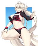  ahoge bangs bikini black_bikini black_jacket blue_background bnc_(bunshi) border breasts choker cleavage collarbone commentary_request cropped_jacket fate/grand_order fate_(series) gradient gradient_background grin hair_between_eyes hips jacket jeanne_d'arc_(alter_swimsuit_berserker) jeanne_d'arc_(fate)_(all) large_breasts leg_up long_hair looking_at_viewer nail_polish navel o-ring o-ring_bikini red_nails silver_hair smile solo swimsuit thighs very_long_hair white_border yellow_eyes 