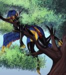  anthro avian bird bourbon._(artist) breasts camel_toe clothed clothing female looking_at_viewer outside rubber solo thick_thighs tree wide_hips 