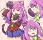  aqua_eyes cat_ears gloves green_hair hashimoto_nyaa noruberusu osomatsu-san paw_gloves paw_pose paws pink_hair skirt tearing_up 