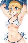  absurdres artoria_pendragon_(all) bikini blonde_hair blue_eyes blush breasts commentary_request fate/grand_order fate_(series) hat highres jacket_lift looking_at_viewer medium_breasts mysterious_heroine_xx_(foreigner) navel nose_blush open_mouth parted_lips ponytail samoore short_hair side-tie_bikini solo stomach swimsuit white_background white_bikini 