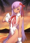  ass bare_shoulders bb_(fate)_(all) bb_(swimsuit_mooncancer)_(fate) beach blush breasts covered_navel covered_nipples eyebrows_visible_through_hair fate/grand_order fate_(series) gloves groin k_jin leotard long_hair looking_at_viewer outdoors palm_tree purple_eyes purple_hair sleeveless smile solo sunset tan tanline tree very_long_hair white_gloves white_leotard 