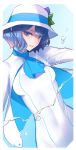  ban blue_background blue_eyes blue_hair border capelet commentary covered_navel dutch_angle hat hydrokinesis looking_at_viewer parted_lips smile solo suntory suntory_nomu virtual_youtuber water white_border 