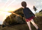  brown_hair caterpillar_tracks cloud commentary_request day evening from_behind girls_und_panzer ground_vehicle huniend kuromorimine_military_uniform military military_vehicle motor_vehicle nature nishizumi_maho sky sunlight tank tiger_i tree 