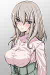  blue_eyes blush breasts closed_mouth commentary eyebrows_visible_through_hair girls_und_panzer gradient gradient_background grey_background grey_skirt high-waist_skirt itsumi_erika large_breasts long_hair long_sleeves looking_at_viewer petag2 pink_shirt shirt silver_hair skirt standing upper_body 