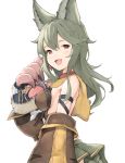  :d absurdres animal_ears arm_strap bangs bare_shoulders blush breasts capelet claw_pose commentary_request detached_sleeves erune fang from_side fur-trimmed_sleeves fur_trim granblue_fantasy green_skirt hand_up highres koretsuki_azuma long_hair long_sleeves looking_at_viewer looking_to_the_side medium_breasts open_mouth red_eyes sen_(granblue_fantasy) sideboob simple_background skirt smile solo upper_body white_background yellow_capelet 