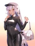  altera_(fate) arms_up bag bangs black_dress black_fire_(peter02713) black_ribbon blunt_bangs breasts covered_navel dark_skin dress drooling duffel_bag expressionless eyebrows_visible_through_hair fate/grand_order fate_(series) fingernails gradient gradient_background grey_hair headband heroic_spirit_traveling_outfit high_collar highres long_sleeves looking_at_viewer medium_breasts mouth_hold pink_background red_eyes ribbon saliva shiny shiny_hair short_hair sidelocks solo standing turtleneck veil visor_cap white_background 