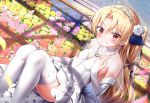  azur_lane bangs bare_shoulders blonde_hair blue_flower blue_ribbon blue_rose blurry blurry_foreground blush bridal_gauntlets cleveland_(azur_lane) collarbone commentary_request depth_of_field dress eyebrows_visible_through_hair flower grin hair_between_eyes hair_flower hair_ornament hair_ribbon hand_on_own_chest hand_up highres jewelry long_hair necklace nedia_(nedia_region) one_side_up pearl_necklace petals pink_flower pink_rose red_eyes ribbon rose sitting smile solo strapless strapless_dress thighhighs tiara very_long_hair white_dress white_flower white_legwear white_rose yellow_flower yellow_rose 