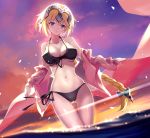 ass_visible_through_thighs augu_(523764197) bangs bikini blonde_hair blush bow braid breasts cloud collarbone downscaled_revision dutch_angle eyebrows_visible_through_hair fate/grand_order fate_(series) front-tie_bikini front-tie_top hair_between_eyes hair_bow highres jeanne_d'arc_(fate)_(all) jeanne_d'arc_(swimsuit_archer) large_breasts long_hair long_sleeves looking_at_viewer md5_mismatch ocean outdoors parted_lips shawl side-tie_bikini sidelocks single_braid sky solo sparkle sunset swimsuit wading wind 