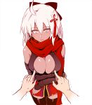  arm_guards arms_under_breasts bow breasts cleavage cleavage_cutout commentary_request dark_skin fate/grand_order fate_(series) hair_bow higata_akatsuki large_breasts looking_at_viewer okita_souji_(alter)_(fate) okita_souji_(fate)_(all) protected_link red_scarf scarf white_hair 