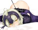  ahoge arms_behind_back ass bangs bdsm bed_sheet blush bondage bottomless bound bound_arms buckle commentary_request dabuki dress fate/grand_order fate_(series) fur_collar grey_hair hair_between_eyes headpiece jeanne_d'arc_(alter)_(fate) jeanne_d'arc_(fate)_(all) leash looking_at_viewer medium_hair nose_blush purple_dress shiny shiny_hair shiny_skin simple_background solo sweat top-down_bottom-up white_background yellow_eyes 