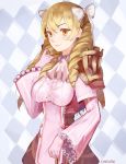  ascot blonde_hair bow breasts center_frills chocojax commentary drill_hair earrings english_commentary eyebrows_visible_through_hair fire_emblem fire_emblem:_kakusei gloves hair_bow hair_ornament highres jewelry lace long_hair mariabel_(fire_emblem) smile solo yellow_eyes 