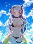  antenna_hair ass_visible_through_thighs azur_lane backlighting bangs bikini bikini_tug bird black_bikini blue_sky blush breasts brown_eyes choker cleavage cloud collarbone commentary cowboy_shot day eyebrows_visible_through_hair flag_print german_flag_bikini groin hair_between_eyes highres holding holding_innertube innertube iron_cross large_breasts long_hair looking_at_viewer miyo_(user_zdsp7735) mole mole_on_breast multicolored_hair navel ocean outdoors prinz_eugen_(azur_lane) red_hair ribbon sidelocks silver_hair skindentation sky smile solo stomach streaked_hair swimsuit symbol_commentary thigh_strap tongue tongue_out transparent two_side_up very_long_hair wading wet 