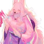  anthro big_breasts black_nose breasts canine claws clothing digital_media_(artwork) eyes_closed female fluffy fur hair inner_ear_fluff japanese_clothing kimono kishibe long_hair mammal open_mouth simple_background smile solo standing tongue voluptuous white_background white_fur white_hair 