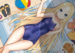  abigail_williams_(fate/grand_order) arm_up ball bangs bare_arms bare_shoulders beach_towel beachball black_footwear blonde_hair blue_eyes blue_swimsuit breasts commentary_request competition_school_swimsuit coraman day dutch_angle fate/grand_order fate_(series) food forehead hand_up long_hair looking_at_viewer lying on_back one-piece_swimsuit outdoors pancake parted_bangs plate sand sandals_removed school_swimsuit shade small_breasts solo stuffed_animal stuffed_toy summer swimsuit teddy_bear towel very_long_hair 
