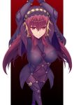  arms_up bangs blush bodysuit breasts covered_navel crossed_legs eyebrows_visible_through_hair fate/grand_order fate_(series) from_above full_body gradient gradient_background highres large_breasts long_hair looking_at_viewer purple_hair red_background red_eyes scathach_(fate)_(all) scathach_(fate/grand_order) sidelocks simple_background smile solo standing veil z1npool 