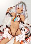  altera_(fate) ass_visible_through_thighs bangs bare_shoulders black_nails blunt_bangs breasts choker closed_mouth collarbone commentary dark_skin detached_sleeves fate/extella fate/extra fate_(series) hand_up headdress jewelry midriff nail_polish narrow_waist navel pikkumyy red_eyes shiny shiny_hair short_hair showgirl_skirt simple_background skirt small_breasts solo tattoo thighs upper_body veil white_background white_hair wide_hips 